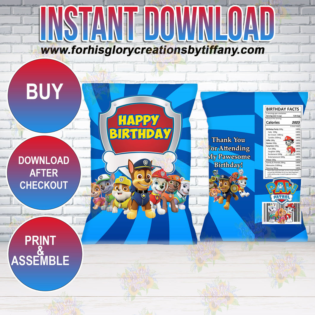 Paw Patrol Chip Bag Instant Download